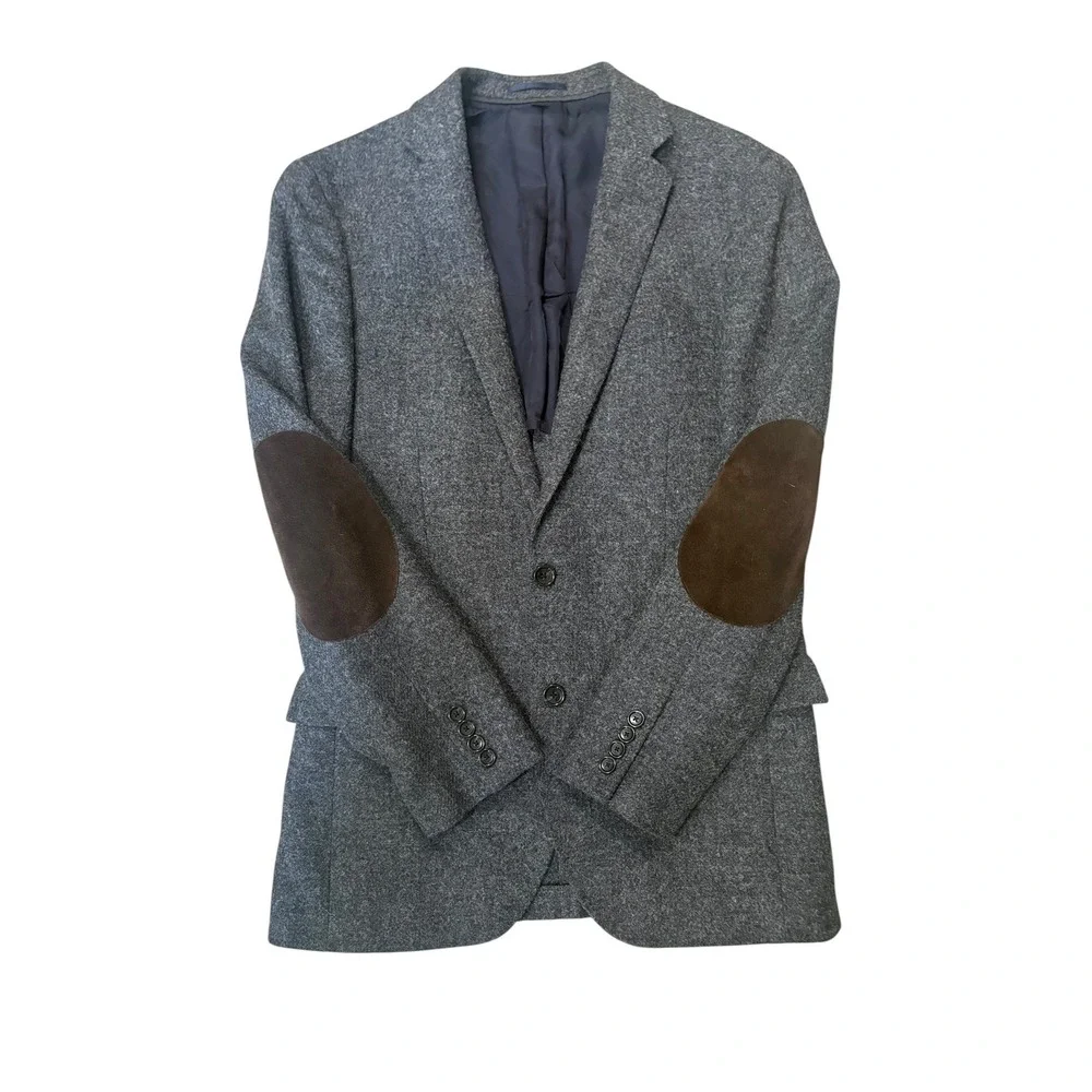 J. Crew Ludlow Blazer Moon Fabric Wool Tweed Elbow Patch 36R Gray Career Office